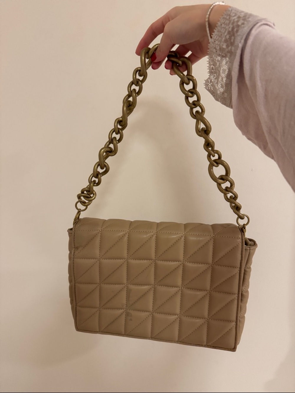 Zara Taupe Quilted Shoulder Bag with Chunky Gold Chain